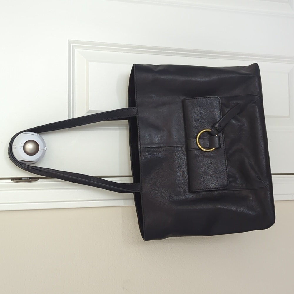 Frye Black Leather Tote with Front Flap and Ring Accent